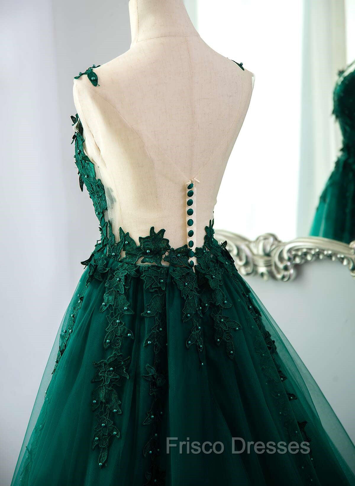 Dark Green V-neckline Lace Long Beaded Formal Prom Dress, Dark Green Party Dress