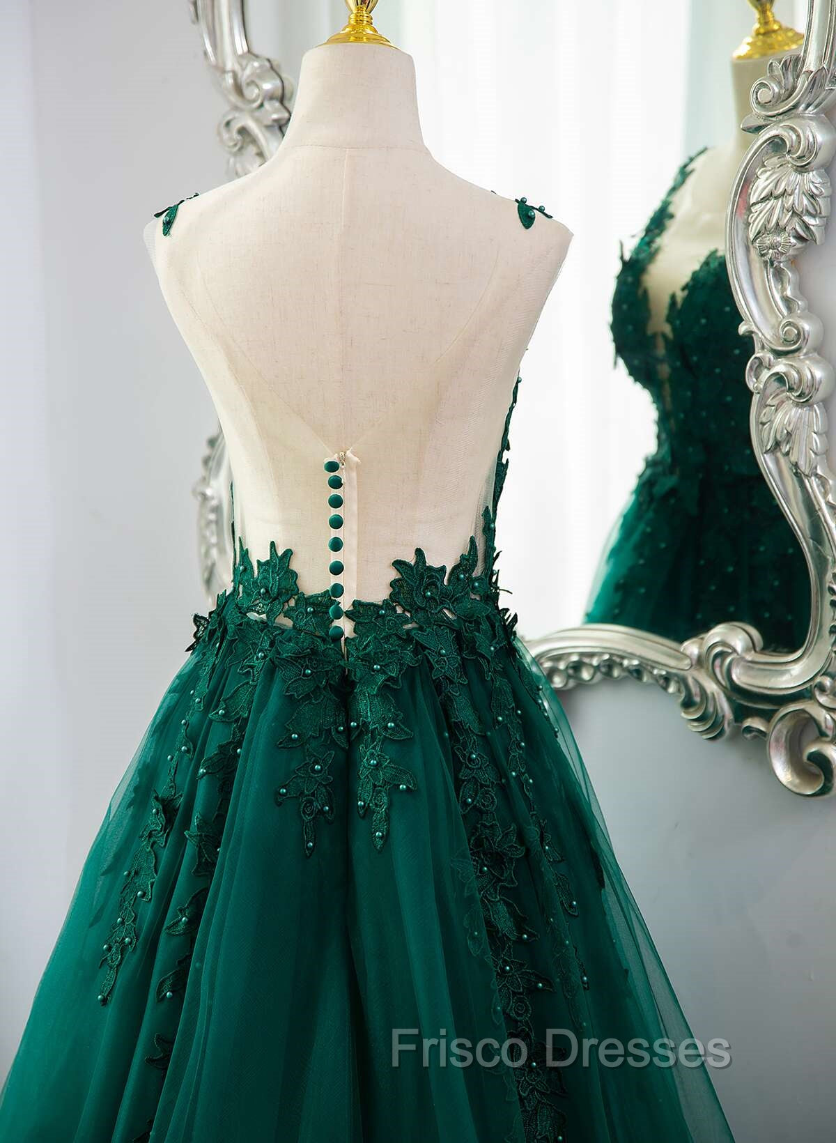 Dark Green V-neckline Lace Long Beaded Formal Prom Dress, Dark Green Party Dress