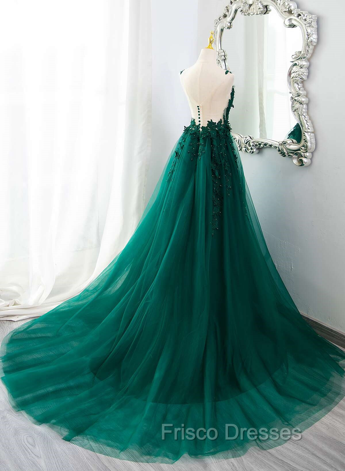 Dark Green V-neckline Lace Long Beaded Formal Prom Dress, Dark Green Party Dress