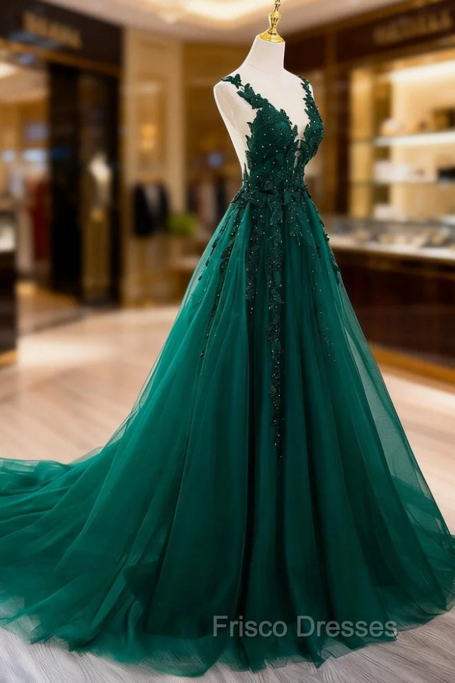 Dark Green V-neckline Lace Long Beaded Formal Prom Dress, Dark Green Party Dress Main image