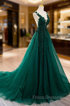 Dark Green V-neckline Lace Long Beaded Formal Prom Dress, Dark Green Party Dress
