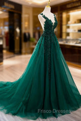 Dark Green V-neckline Lace Long Beaded Formal Prom Dress, Dark Green Party Dress