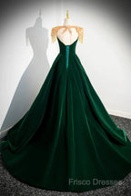 Dark Green Velvet A-Line Long Formal Prom Dress, Dark Green Formal Party Dress
