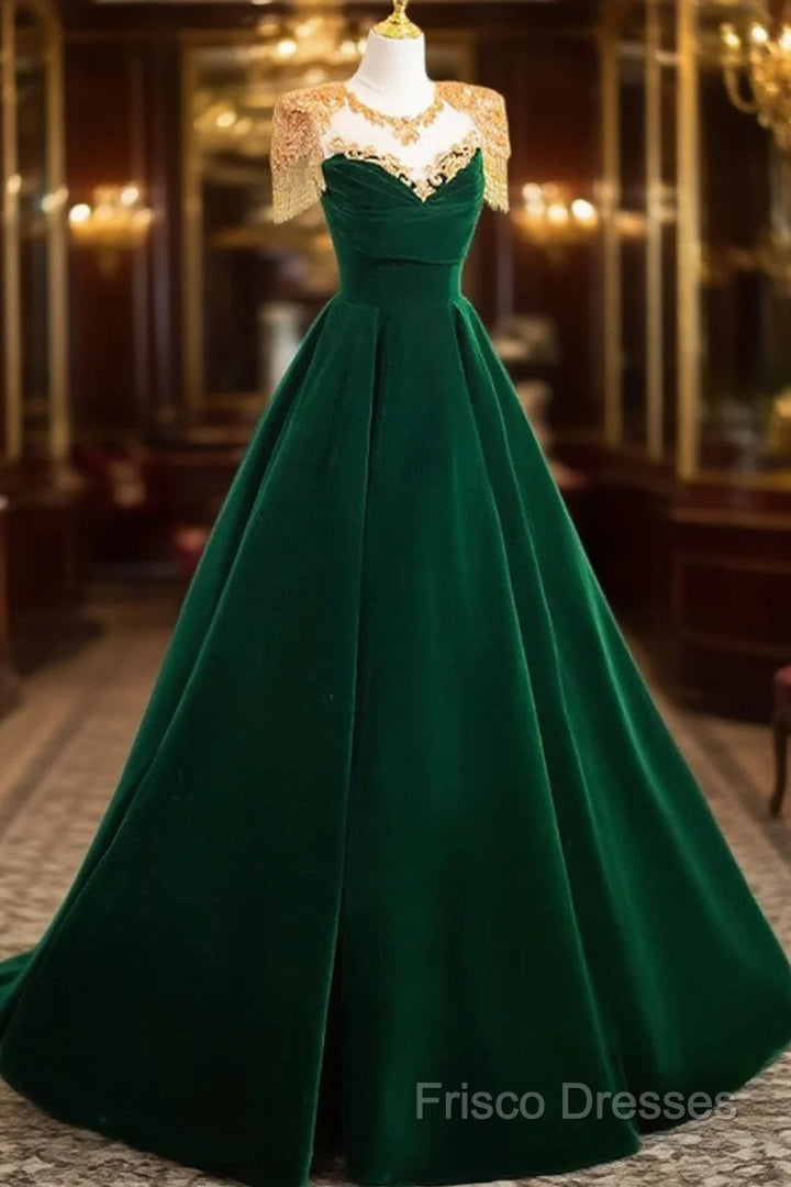 Dark Green Velvet A-Line Long Formal Prom Dress, Dark Green Formal Party Dress Main image