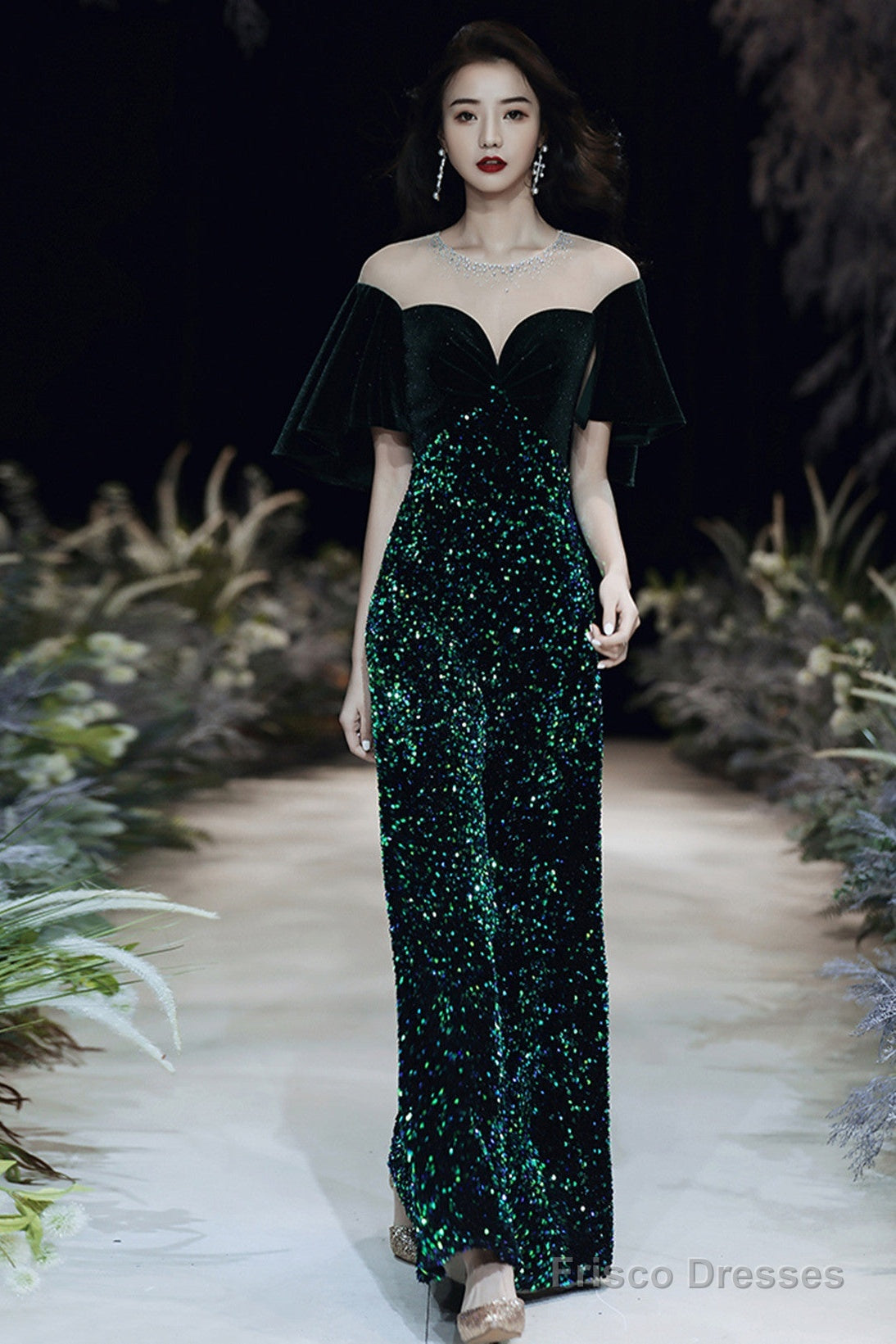 Dark Green Velvet And Sequins Mermaid Long Prom Dress, Dark Green Formal Dress Secondary image