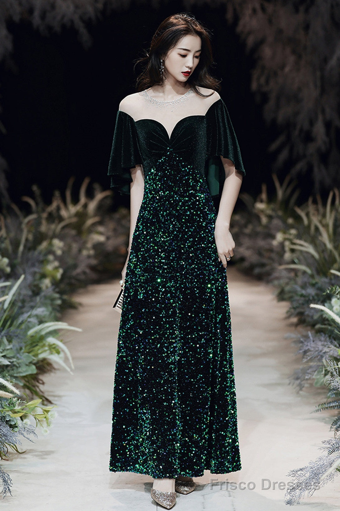 Dark Green Velvet And Sequins Mermaid Long Prom Dress, Dark Green Formal Dress Main image