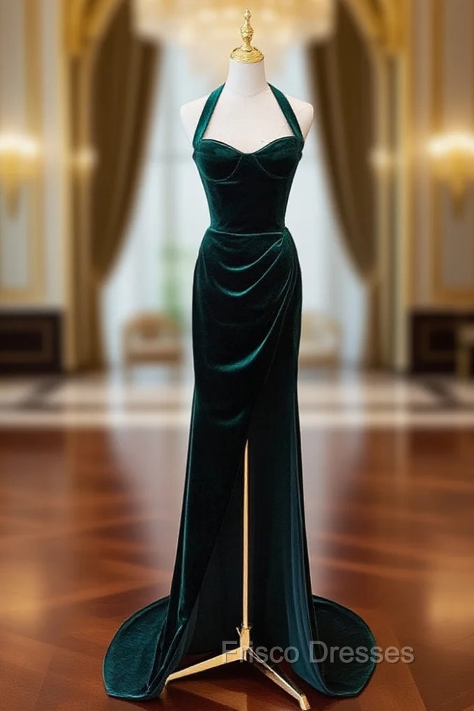 Dark Green Velvet Long Evening Dress Party Dress, A-line Green Bridesmaid Dress Main image