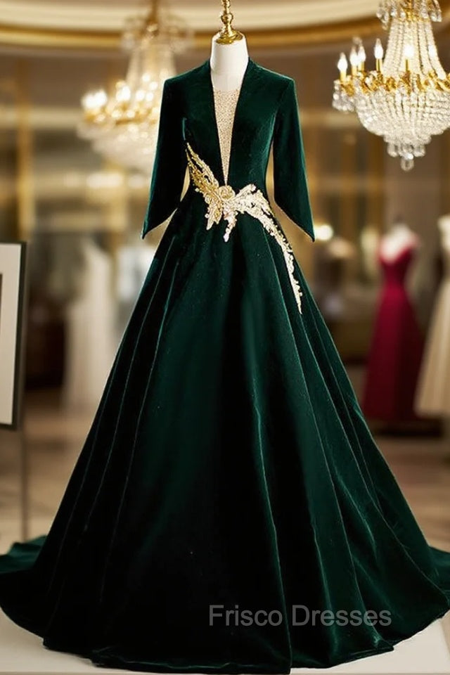 Dark Green Velvet Long Sleeve Appliques Formal Prom Dress