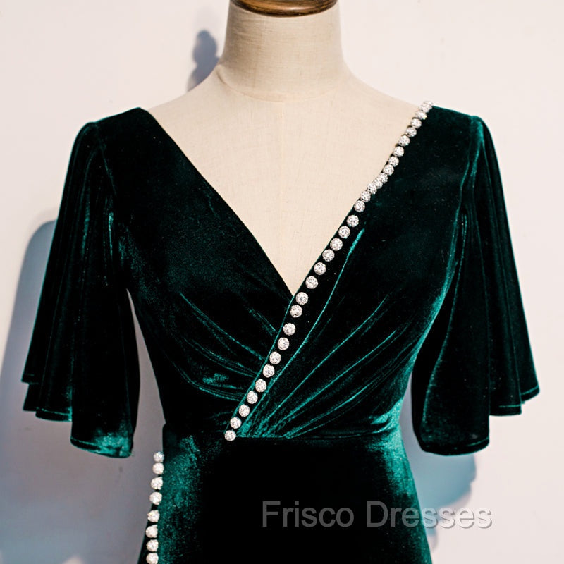 Dark Green Velvet Mermaid Slit V-neckline Formal Dress Party Dress, Long Evening Dress