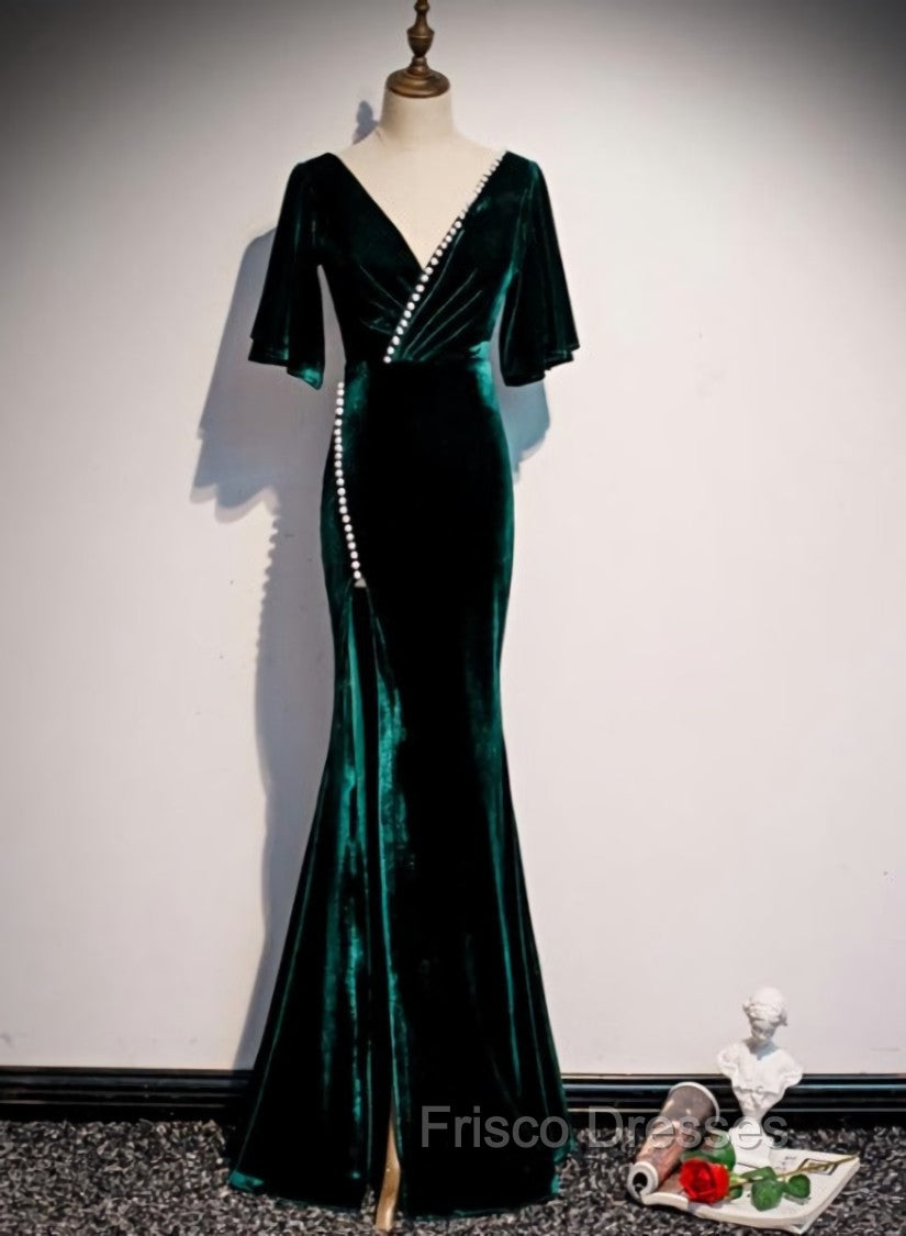 Dark Green Velvet Mermaid Slit V-neckline Formal Dress Party Dress, Long Evening Dress Main image