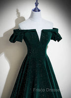 Dark Green Velvet Off Shoulder Long Party Dress, Green A-line Formal Prom Dress