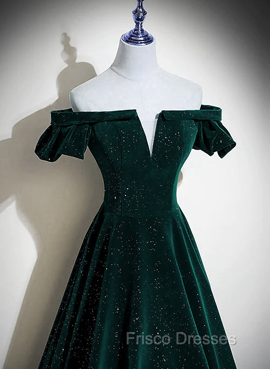 Dark Green Velvet Off Shoulder Long Party Dress, Green A-line Formal Prom Dress