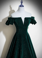 Dark Green Velvet Off Shoulder Long Party Dress, Green A-Line Prom Dress