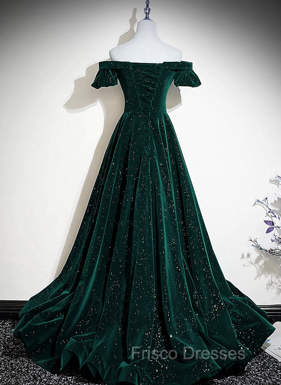 Dark Green Velvet Off Shoulder Long Party Dress, Green A-line Formal P Frisco Dresses Dark Green Velvet Off Shoulder Long Party Dress, Green A-line Formal P Frisco Dresses