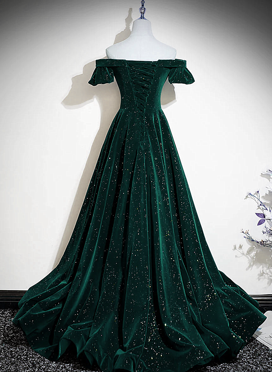 Dark Green Velvet Off Shoulder Long Party Dress, Green A-Line Prom Dress