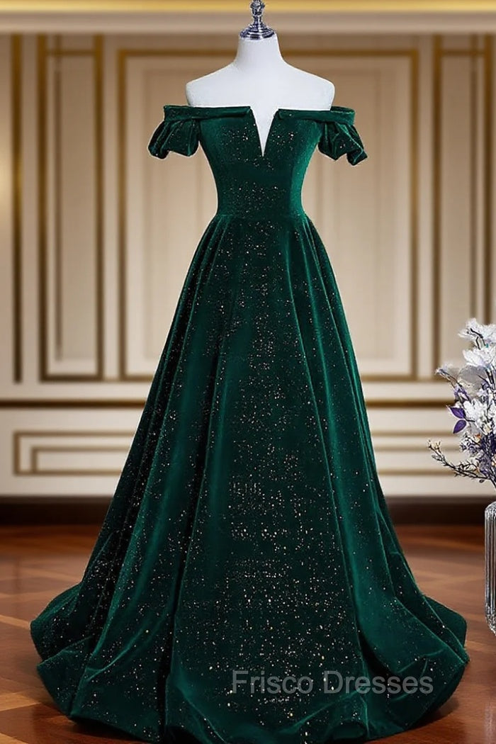 Dark Green Velvet Off Shoulder Long Party Dress, Green A-line Formal Prom Dress Main image