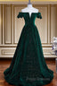 Dark Green Velvet Off Shoulder Long Party Dress, Green A-line Formal Prom Dress