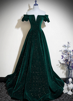 Dark Green Velvet Off Shoulder Long Party Dress, Green A-Line Prom Dress