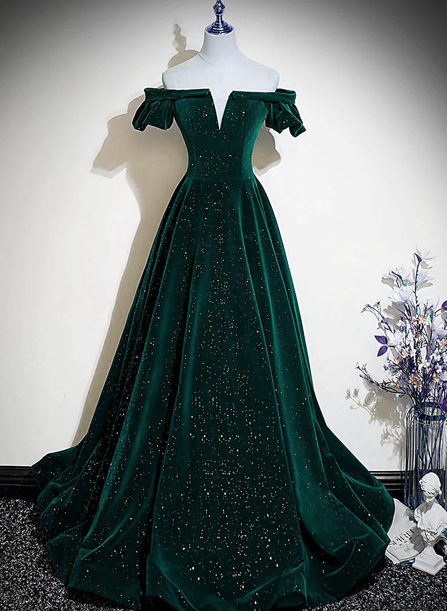 Dark Green Velvet Off Shoulder Long Party Dress, Green A-Line Prom Dress