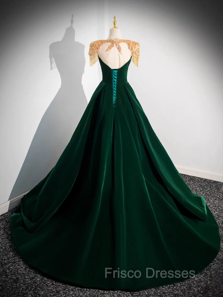 Dark Green Velvet Formal Prom Dress Vintage Gold Beaded Neckline Evening Gown Secondary image