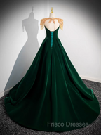 Dark Green Velvet Formal Prom Dress Vintage Gold Beaded Neckline Evening Gown