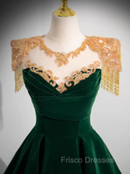 Dark Green Velvet Formal Prom Dress Vintage Gold Beaded Neckline Evening Gown