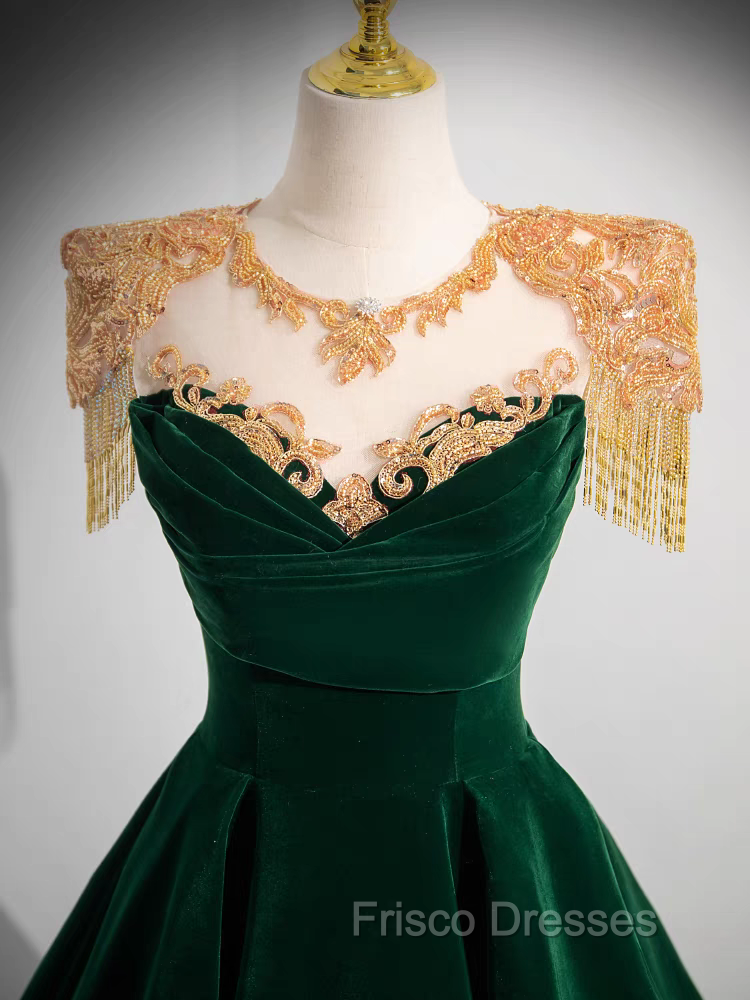 Dark Green Velvet Formal Prom Dress Vintage Gold Beaded Neckline Evening Gown