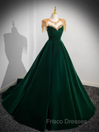 Dark Green Velvet Formal Prom Dress Vintage Gold Beaded Neckline Evening Gown