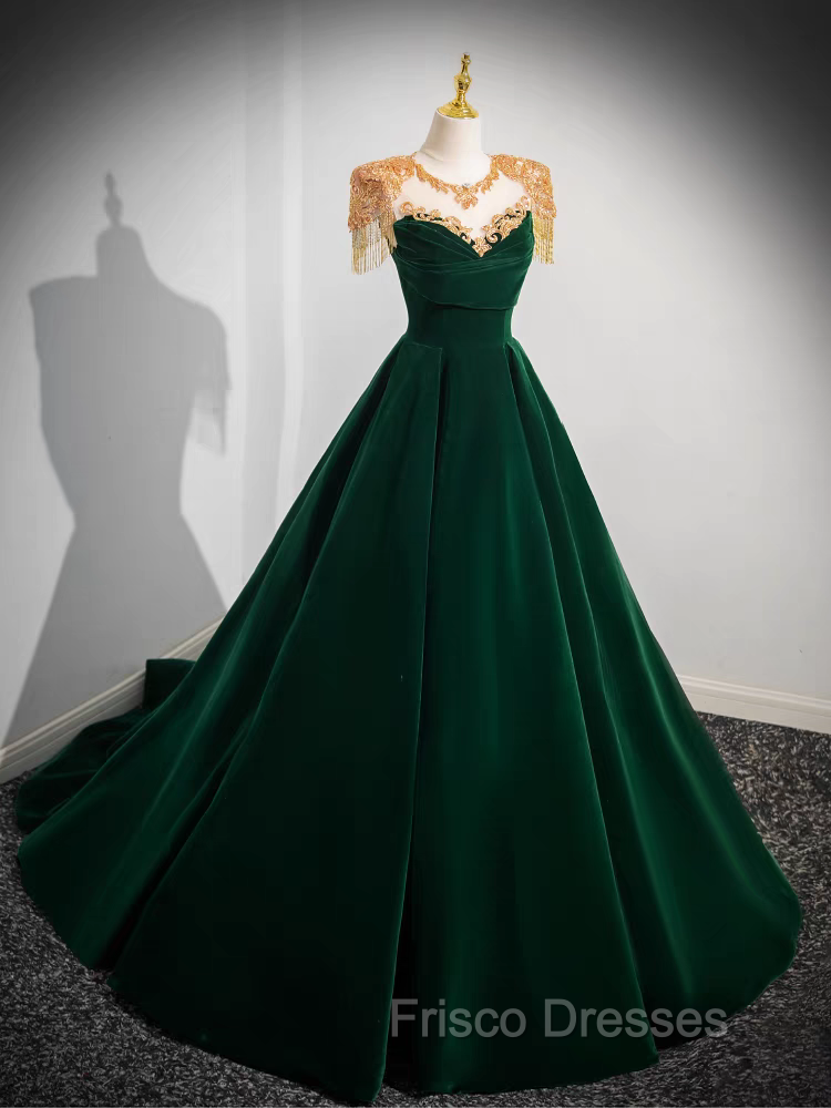 Dark Green Velvet Formal Prom Dress Vintage Gold Beaded Neckline Evening Gown