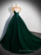 Dark Green Velvet Formal Prom Dress Vintage Gold Beaded Neckline Evening Gown