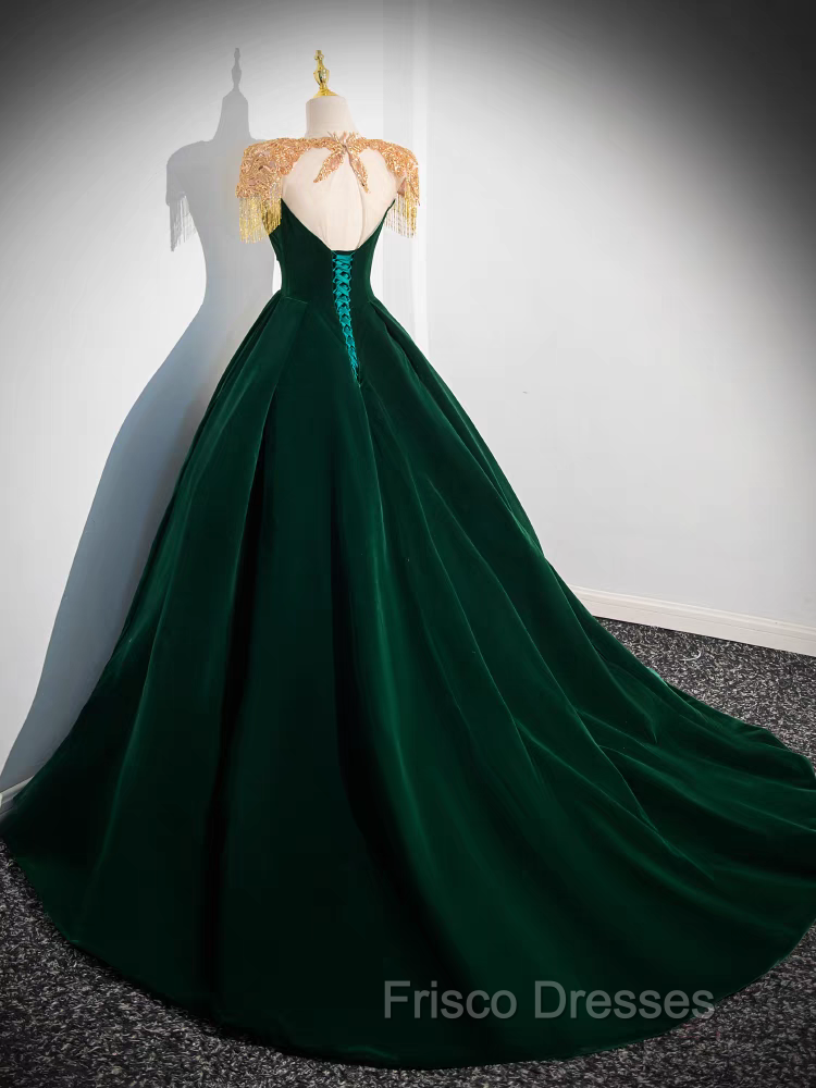 Dark Green Velvet Formal Prom Dress Vintage Gold Beaded Neckline Evening Gown