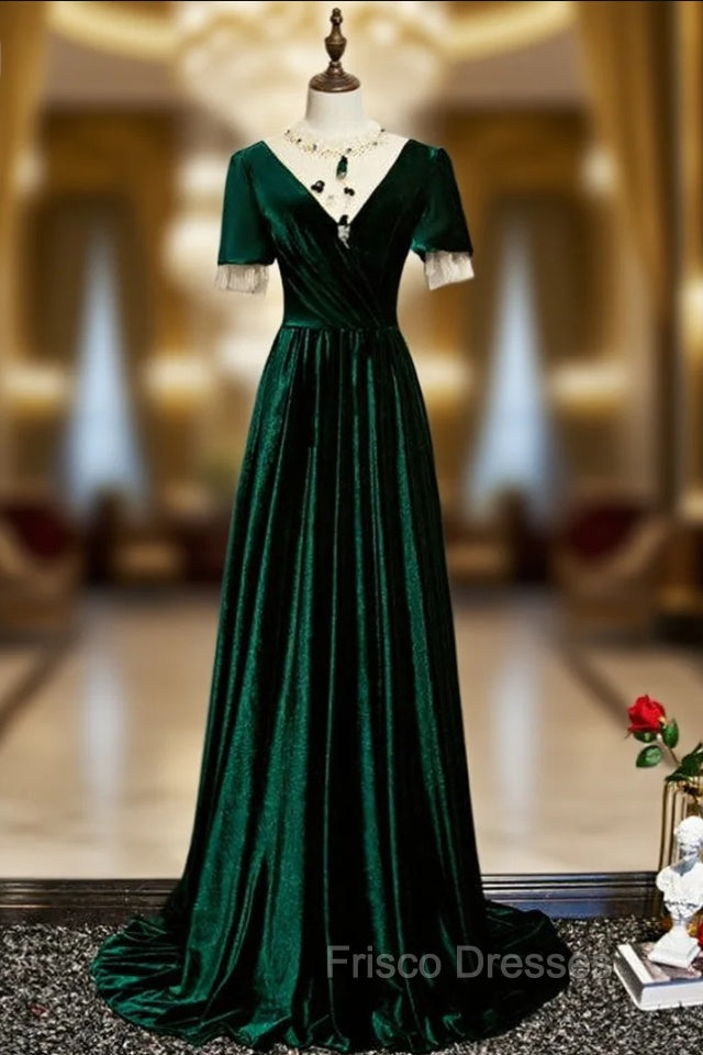 Dark Green Velvet Short Sleeve Open Back Beading Formal Prom Dress Main image