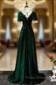 Dark Green Velvet Short Sleeve Open Back Beading Formal Prom Dress