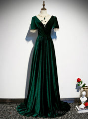 Dark Green Velvet Short Sleeve Open Back Beading Prom Dress