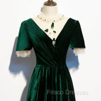 Dark Green Velvet Short Sleeves A-line Bridesmaid Dress, A-line Wedding Party Dress Formal Prom Dress
