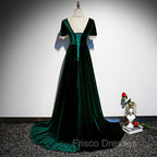 Dark Green Velvet Short Sleeves A-line Bridesmaid Dress, A-line Wedding Party Dress Formal Prom Dress