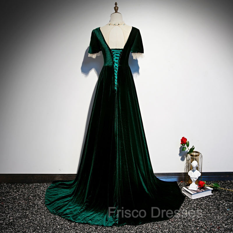 Dark Green Velvet Short Sleeves A-line Bridesmaid Dress, A-line Wedding Party Dress Formal Prom Dress