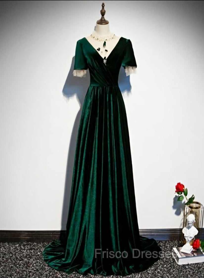 Dark Green Velvet Short Sleeves A-line Bridesmaid Dress, A-line Wedding Party Dress Formal Prom Dress Main image