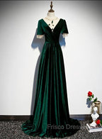 Dark Green Velvet Short Sleeves A-line Bridesmaid Dress, A-line Wedding Party Dress Formal Prom Dress