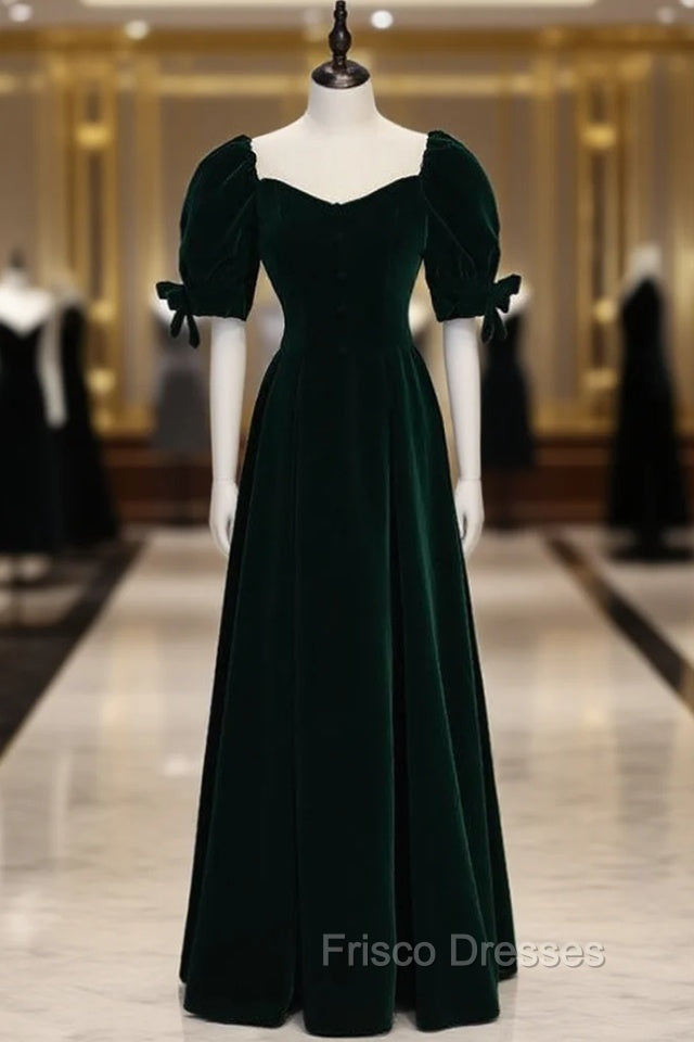Dark Green Velvet Square Puff Sleeve Formal Prom Dress Main image
