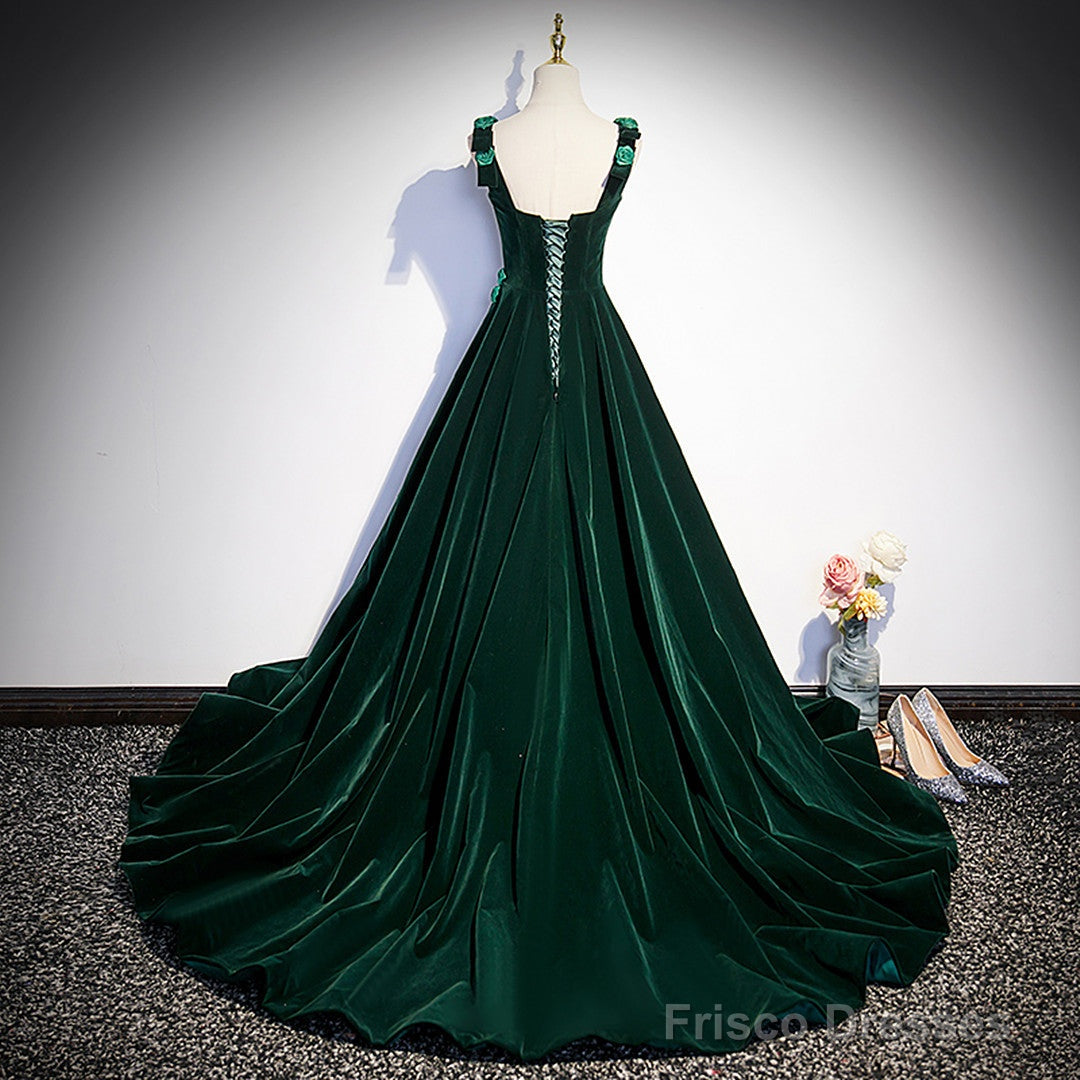 Dark Green Velvet Straps Long Formal Dress With Flowers, Green Evening Dress Prom Dress Secondary image