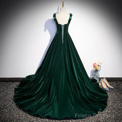 Dark Green Velvet Straps Long Formal Dress With Flowers, Green Evening Dress Prom Dress