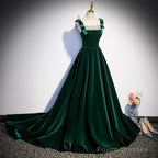 Dark Green Velvet Straps Long Formal Dress With Flowers, Green Evening Dress Prom Dress