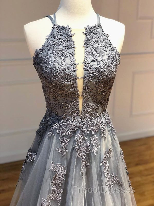 Dark Grey Halter Backless Tulle with Lace Party Dress A-line Grey Formal Dress Formal Prom Dress shops Secondary image