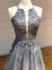 Dark Grey Halter Backless Tulle with Lace Party Dress A-line Grey Formal Dress Formal Prom Dress shops
