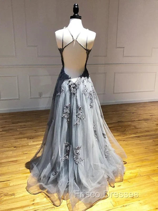 Dark Grey Halter Backless Tulle with Lace Party Dress A-line Grey Formal Dress Formal Prom Dress shops