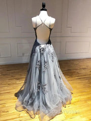 Dark Grey Halter Backless Tulle with Lace Party Dress A-line Grey Formal Dress Formal Prom Dress shops