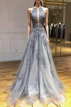 Dark Grey Halter Backless Tulle with Lace Party Dress A-line Grey Formal Dress Formal Prom Dress shops