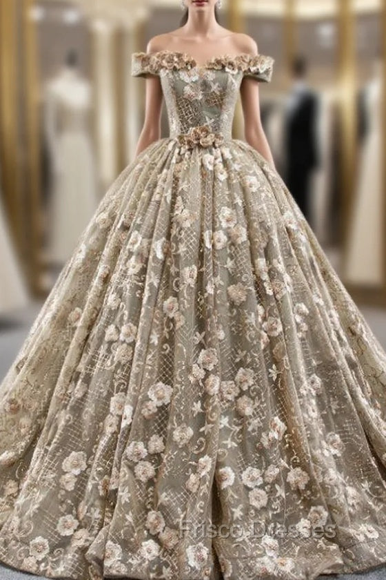 Dark Khaki Ball Gown Tulle Embroidery Appliques Off the Shoulder Formal Prom Dress Main image