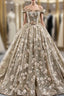 Dark Khaki Ball Gown Tulle Embroidery Appliques Off the Shoulder Formal Prom Dress